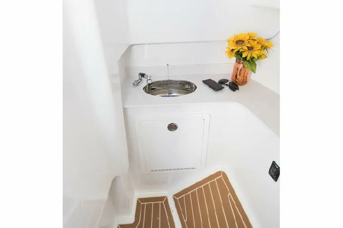 Slide: The Image of 2024 Southport 33 DC boat interior with sink and sunflowers. - 7