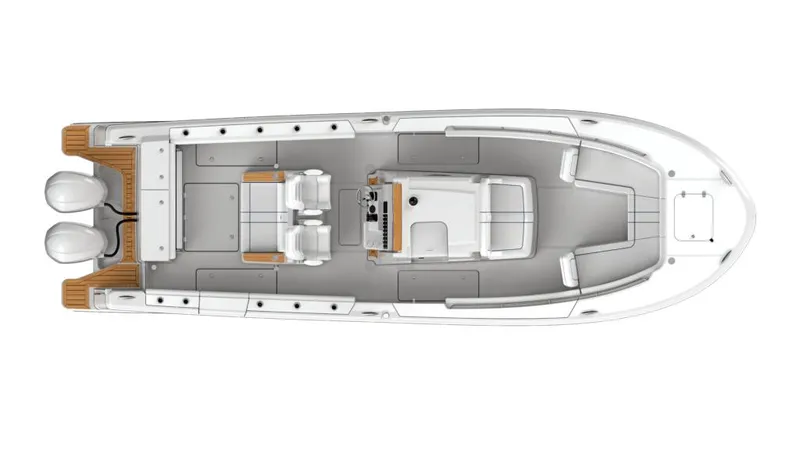 Slide: The Image of Top view of a 2024 Southport 33 FE boat with dual outboard motors. - 3