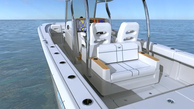 Slide: The Image of 2024 Southport 33 FE boat interior on calm water. - 6