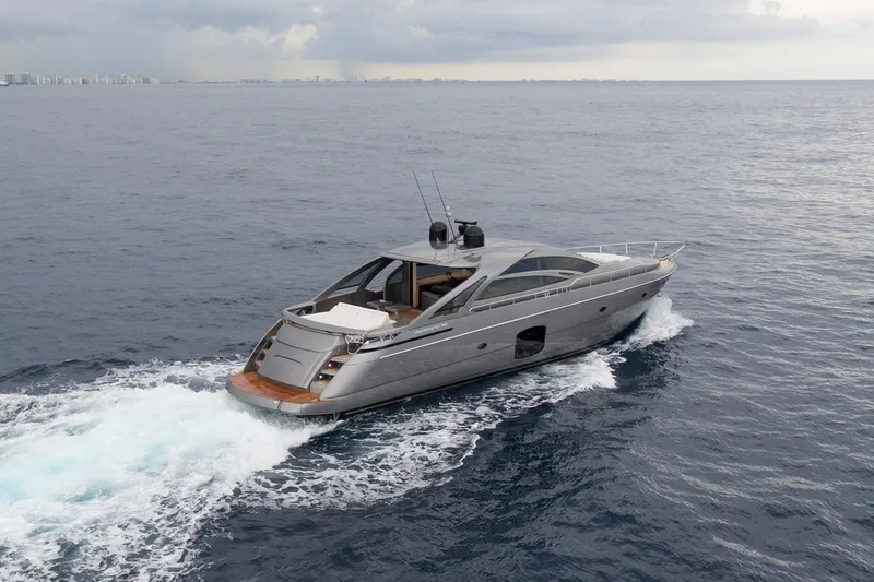 Slide: The Image of 2018 Pershing 70 yacht cruising on open water. - 1