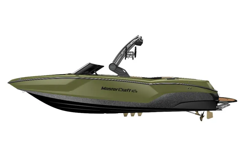 Slide: The Image of 2023 MasterCraft NXT24 boat, side view, olive green and black. - 18