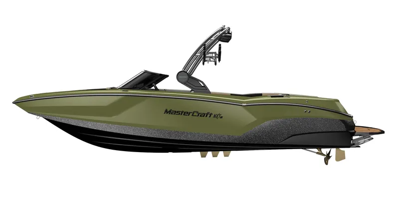 Slide: The Image of 2023 MasterCraft NXT24 boat, side view, olive green and black color scheme. - 19
