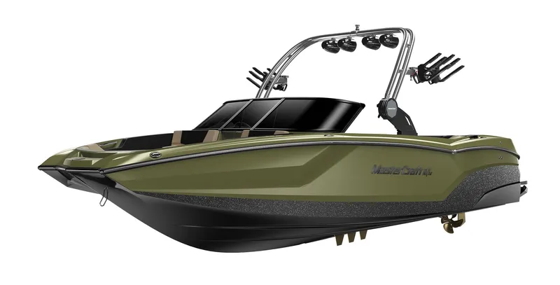 Slide: The Image of 2023 MasterCraft NXT24 boat, olive green and black, side view. - 21