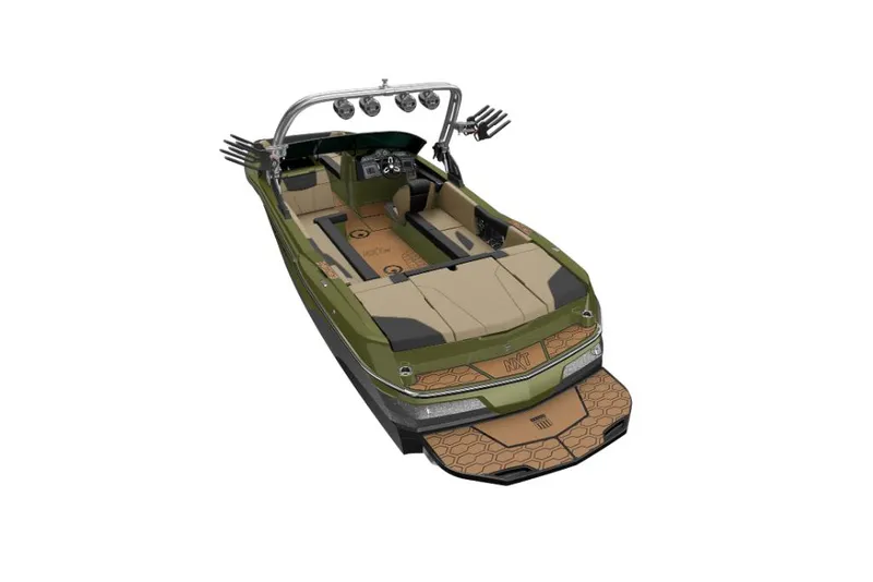 Slide: The Image of 2023 MasterCraft NXT24 boat, green and beige interior, top view. - 22