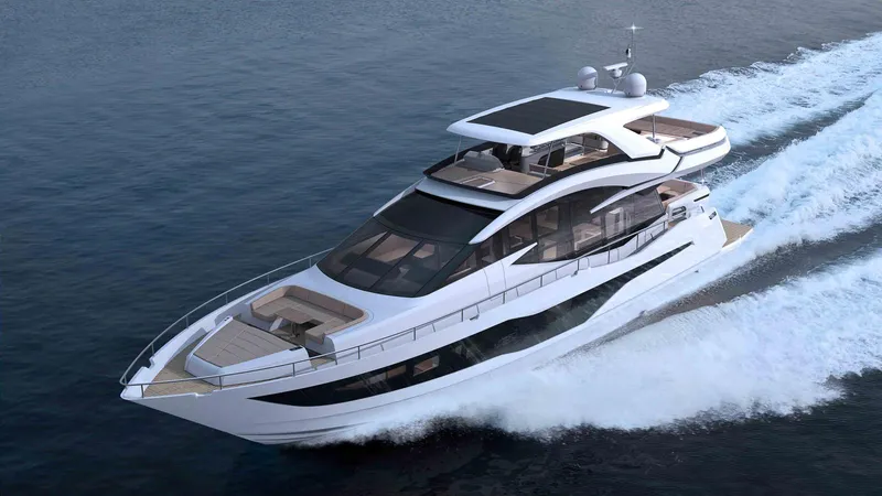 Slide: The Image of 2023 Galeon 800 Fly luxury yacht cruising on the water. - 12
