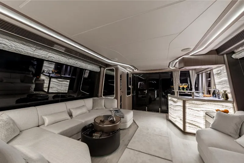 Slide: The Image of Luxurious interior of the 2023 Galeon 800 Fly yacht with modern furnishings. - 17