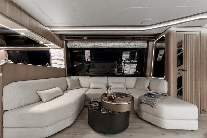 Slide: The Image of Luxurious interior of the 2023 Galeon 800 Fly yacht with modern furnishings. - 18