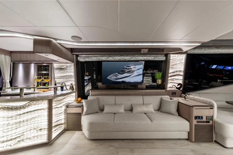 Slide: The Image of Luxurious interior of the 2023 Galeon 800 Fly yacht with modern decor and comfortable seating. - 19