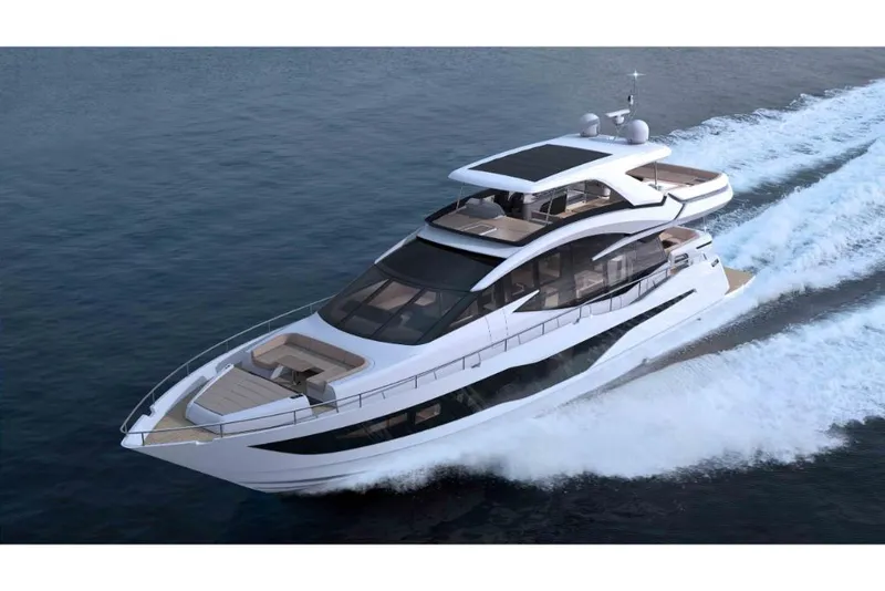 Slide: The Image of 2023 Galeon 800 Fly luxury yacht cruising on open water. - 2