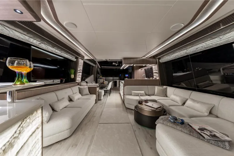 Slide: The Image of Luxurious interior of the 2023 Galeon 800 Fly yacht with modern furnishings. - 20