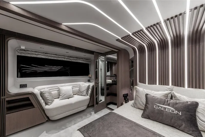 Slide: The Image of Luxurious interior of 2023 Galeon 800 Fly yacht with modern design and ambient lighting. - 28