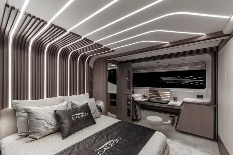 Slide: The Image of Luxurious bedroom interior of 2023 Galeon 800 Fly yacht with modern design and ambient lighting. - 29