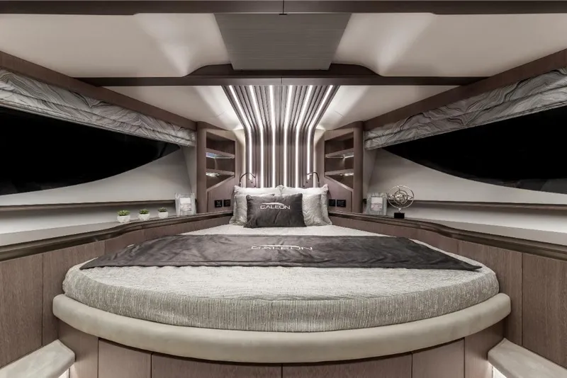 Slide: The Image of Luxurious bedroom interior of 2023 Galeon 800 Fly yacht with modern design. - 35