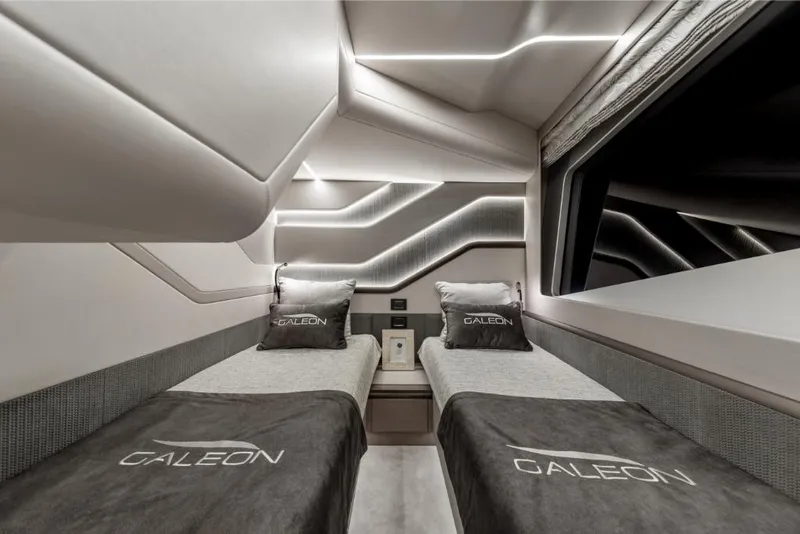 Slide: The Image of Modern twin cabin interior of 2023 Galeon 800 Fly yacht with sleek design. - 39