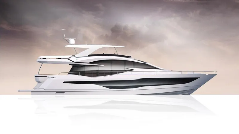Slide: The Image of 2023 Galeon 800 Fly luxury yacht against a dramatic sky. - 6