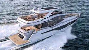 Slide: The Image of 2023 Galeon 800 Fly luxury yacht cruising on the ocean. - 7