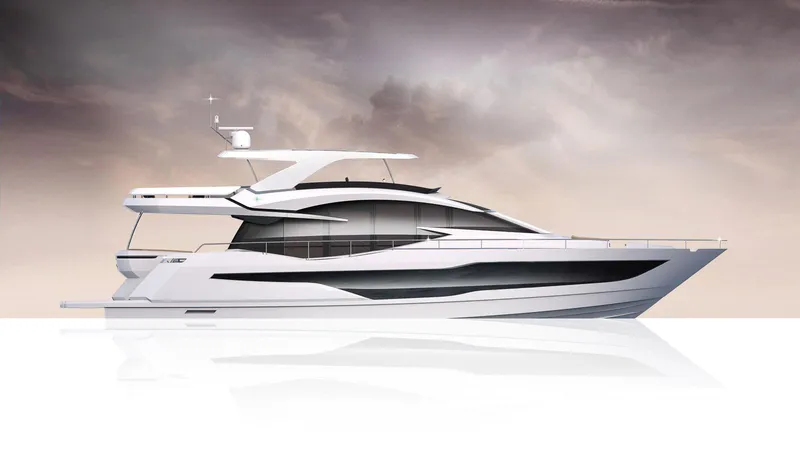Slide: The Image of 2023 Galeon 800 Fly luxury yacht against a dramatic sky. - 9
