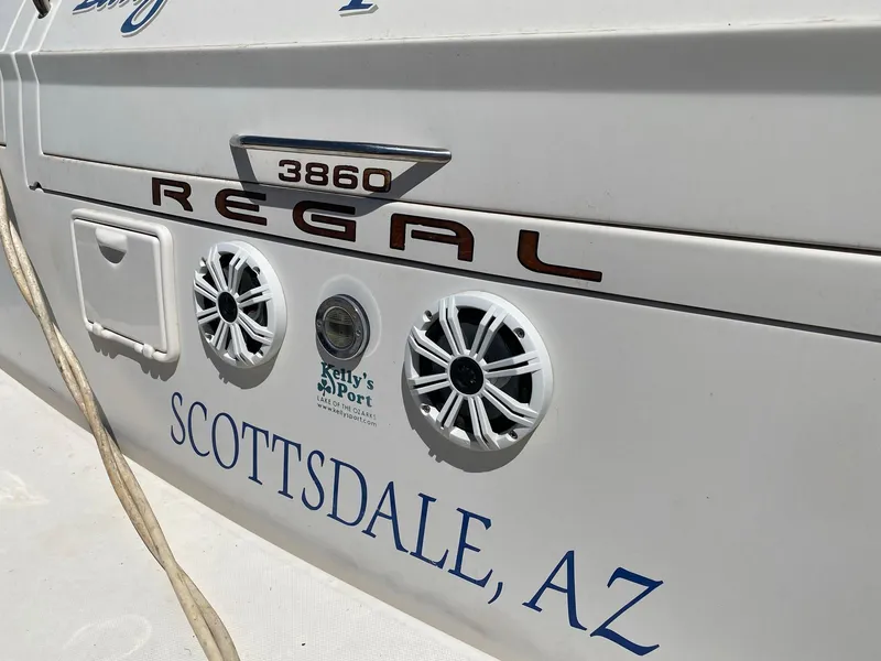 Slide: The Image of 2002 Regal 3860 Commodore boat with speakers, Scottsdale, AZ. - 40