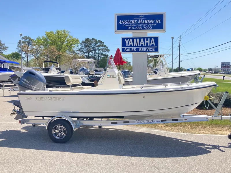 Slide: The Image of 2024 Key West 1720 Sportsman boat on trailer at Angler's Marine NC dealership. - 0