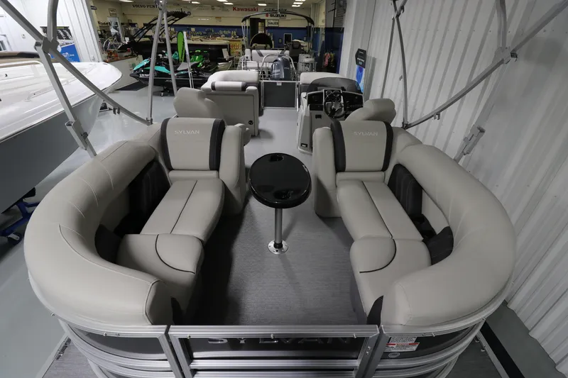 Slide: The Image of 2023 Sylvan Mirage 8522 LZ pontoon boat with spacious seating and modern design. - 9