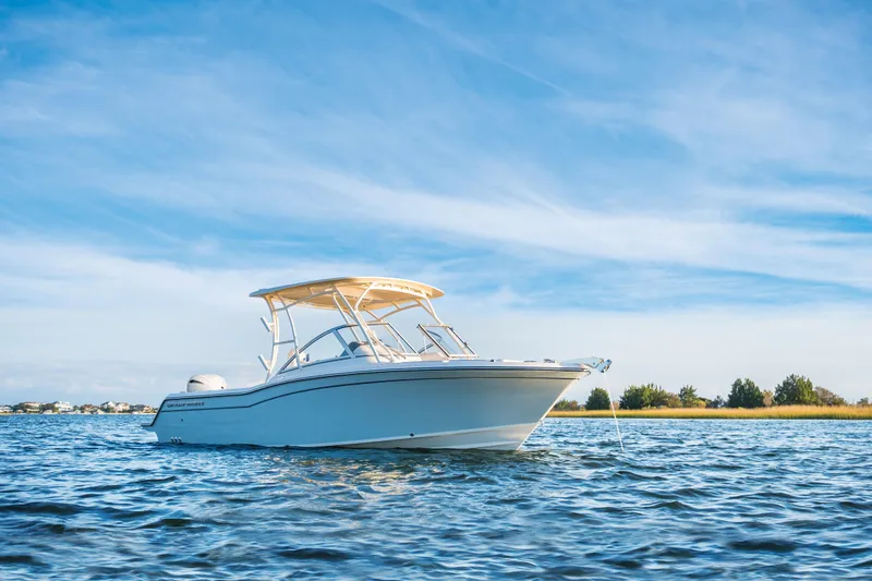 The Image of 2025 Grady-White Freedom 235 boat on calm water under clear blue sky. - 0