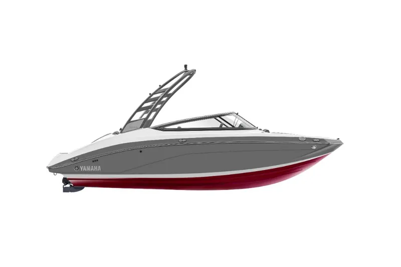 Slide: The Image of 2023 Yamaha Outboards 195S boat, sleek gray and red design. - 23
