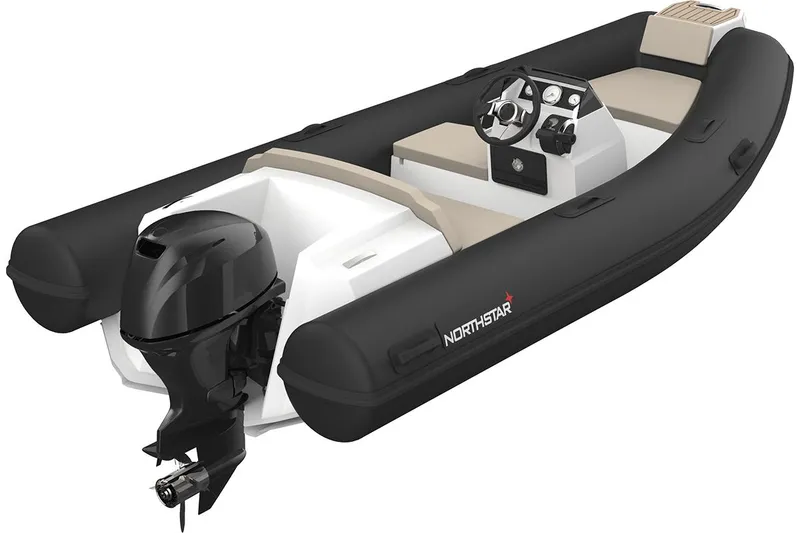 Slide: The Image of 2023 Northstar Axis 3.8 inflatable boat with black exterior and outboard motor. - 8