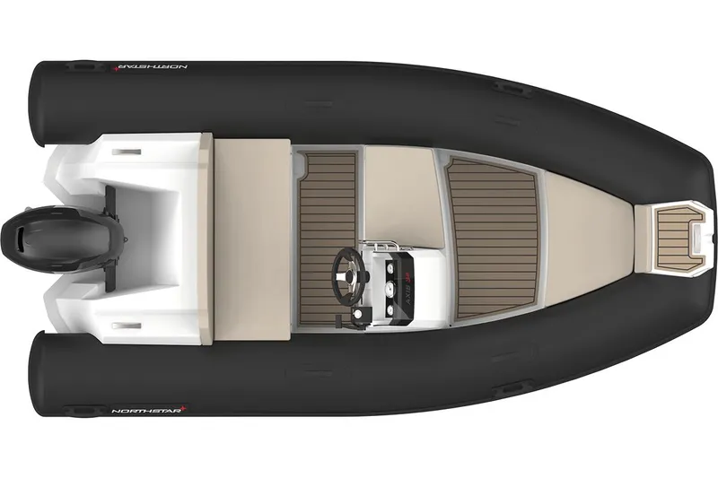 Slide: The Image of 2023 Northstar Axis 3.8 inflatable boat, top view, black and beige design. - 9