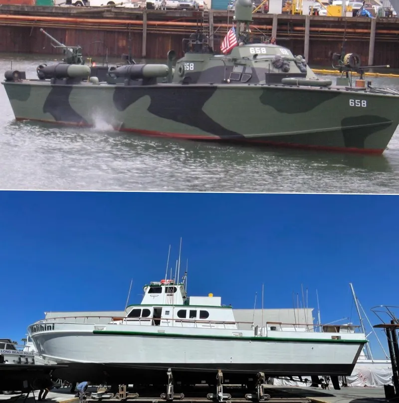 Slide: The Image of 1945 Higgins PT boat docked at a marina on a sunny day. - 2