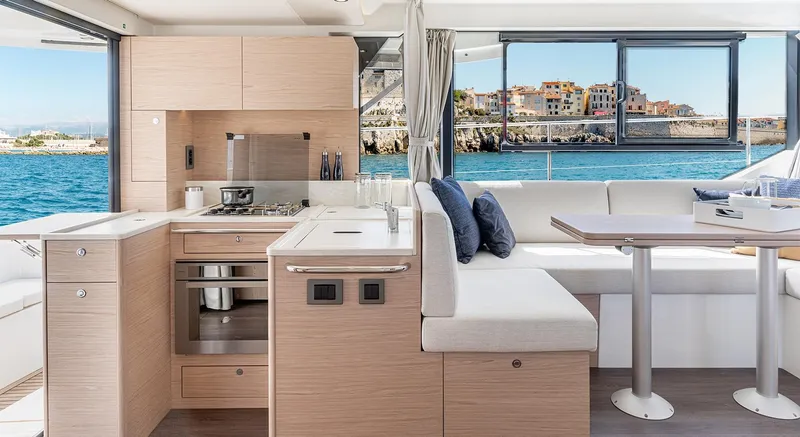 Slide: The Image of Modern interior of 2025 Beneteau Swift Trawler 41 Fly with ocean view. - 4