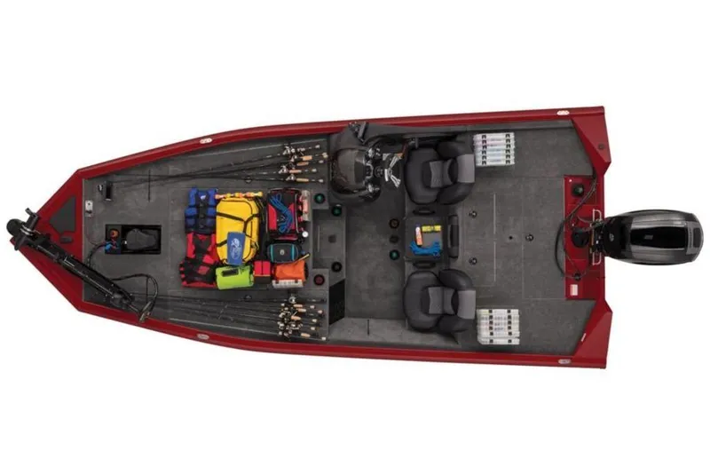 Slide: The Image of 2024 Tracker Pro Team™ 195 TXW Tournament Edition fishing boat, top view, red exterior, fully equipped. - 3