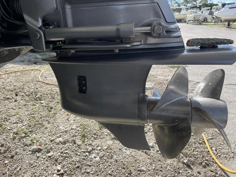 Slide: The Image of Close-up of 2014 Monterey 320 Sport Yacht propeller and lower unit. - 23