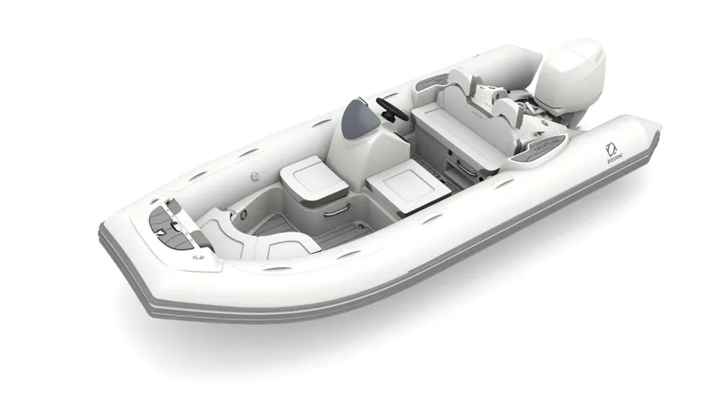 Slide: The Image of 2025 Zodiac Yachtline 490 inflatable boat, white with seating and console, side view. - 3