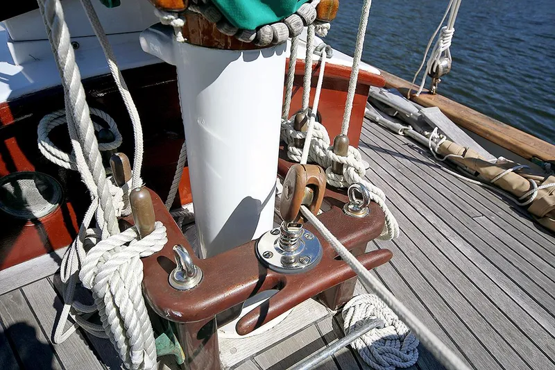 Slide: The Image of Close-up of rigging on a 1979 Custom Van Dyne Schooner sailboat. - 10