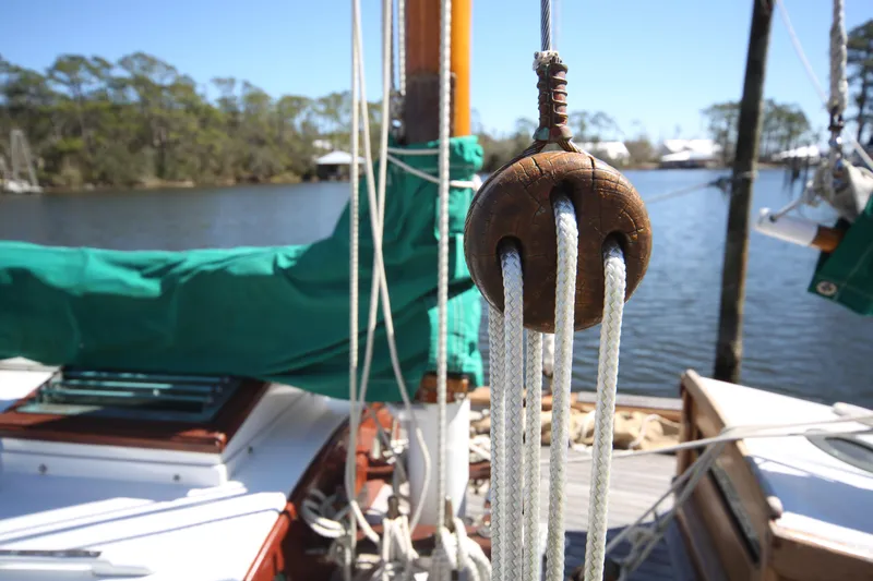 Slide: The Image of Close-up of rigging on a 1979 Custom Van Dyne Schooner sailboat. - 6