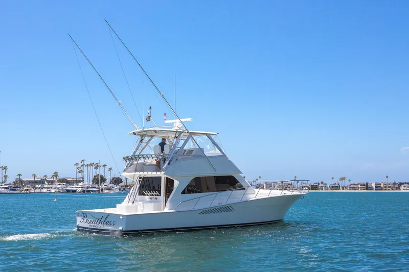Slide: The Image of Viking 50 Convertible Sport Fisher 2000 cruising on blue ocean near marina. - 2