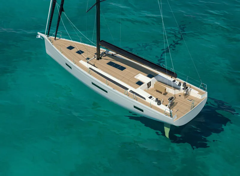 Slide: The Image of 2025 X-Yachts X5.6 sailing yacht on clear turquoise water. - 1