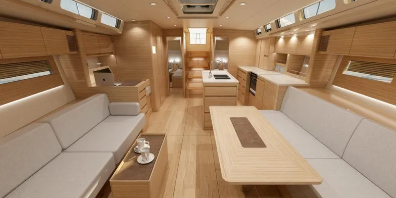 Slide: The Image of Luxurious interior of 2025 X-Yachts X5.6, featuring modern wood finishes and spacious seating. - 4