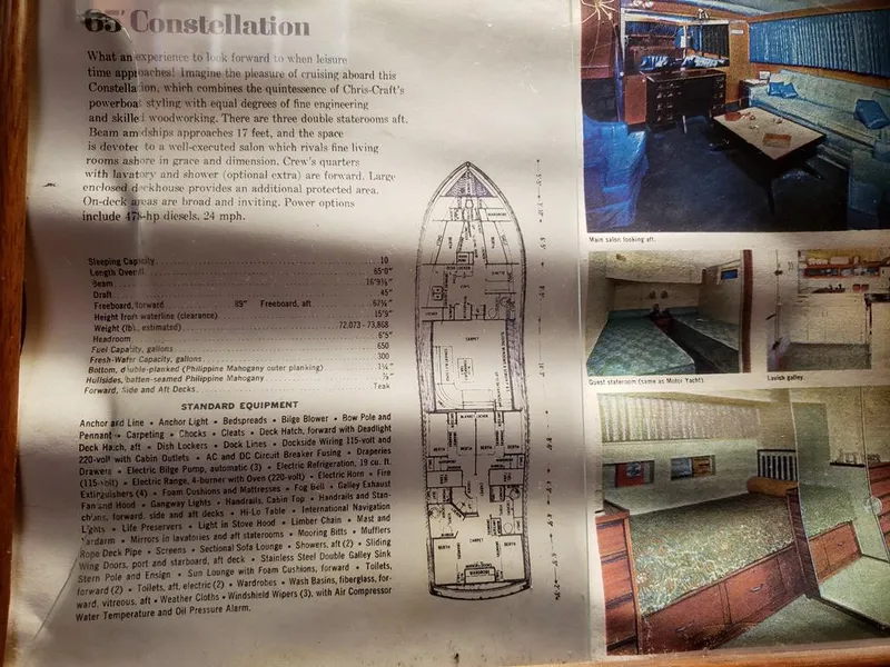 Slide: The Image of 1964 Chris-Craft Constellation brochure with interior photos and floor plan layout. - 22