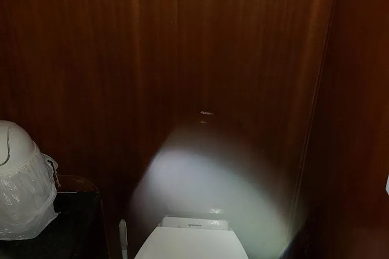 Slide: The Image of 1964 Chris-Craft Constellation boat bathroom with wooden walls and white toilet. - 45