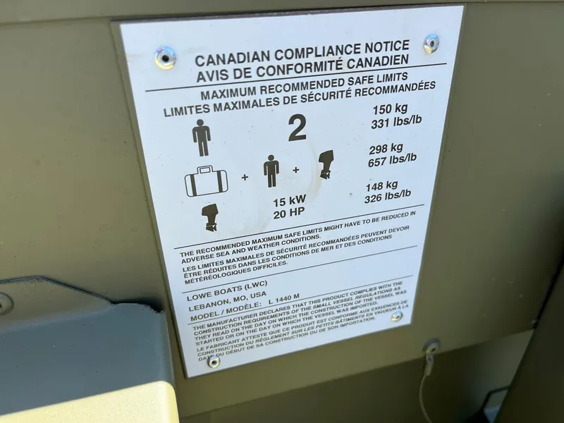 Slide: The Image of Canadian compliance notice on Lowe L1440M boat, 2024 model. - 8