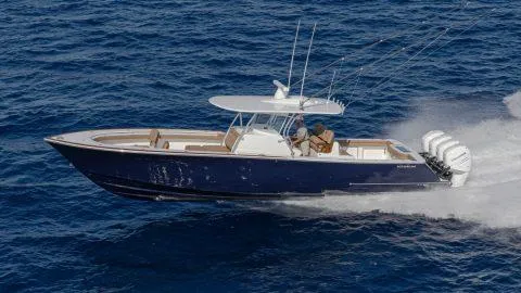 Slide: The Image of 2025 Valhalla Boatworks 41 model cruising on open water. - 1