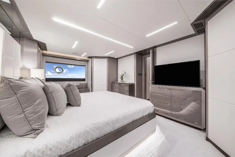 Slide: The Image of Luxurious bedroom interior of 2023 Ocean Alexander 27E yacht with modern design. - 43