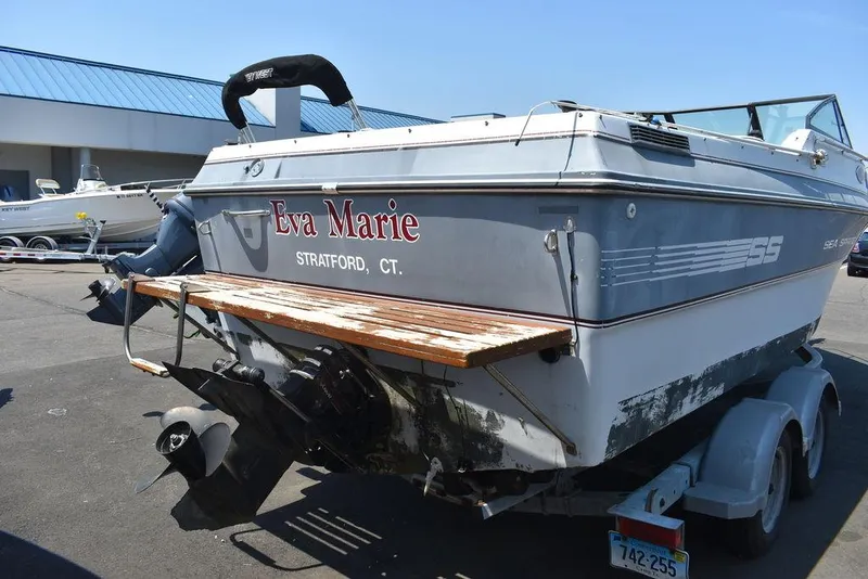 Slide: The Image of 1991 Sea Sprite 225 boat named Eva Marie in Stratford, CT, on a trailer. - 6