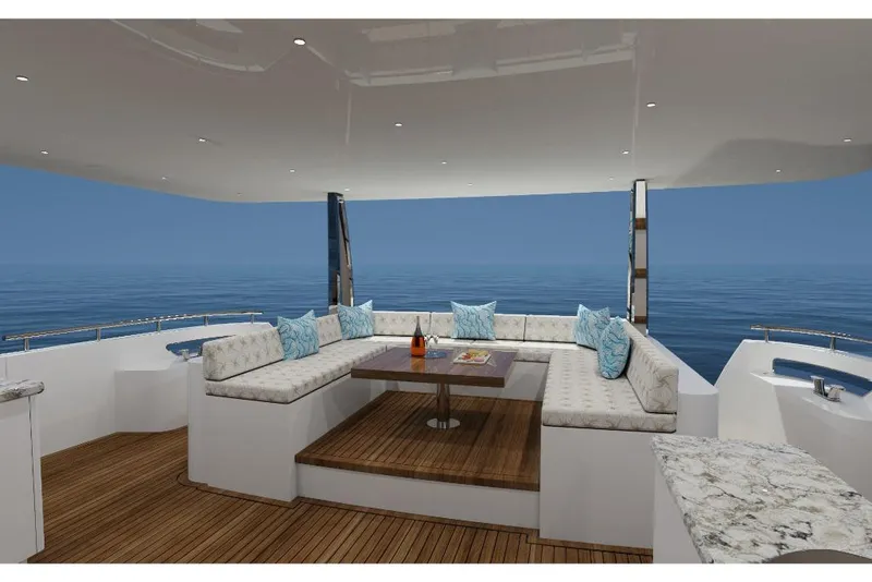 Slide: The Image of Luxury seating area on 2023 Ocean Alexander 32L yacht with ocean view. - 10