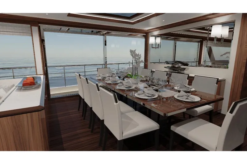Slide: The Image of Luxurious dining area on the 2023 Ocean Alexander 32L yacht with ocean views. - 20
