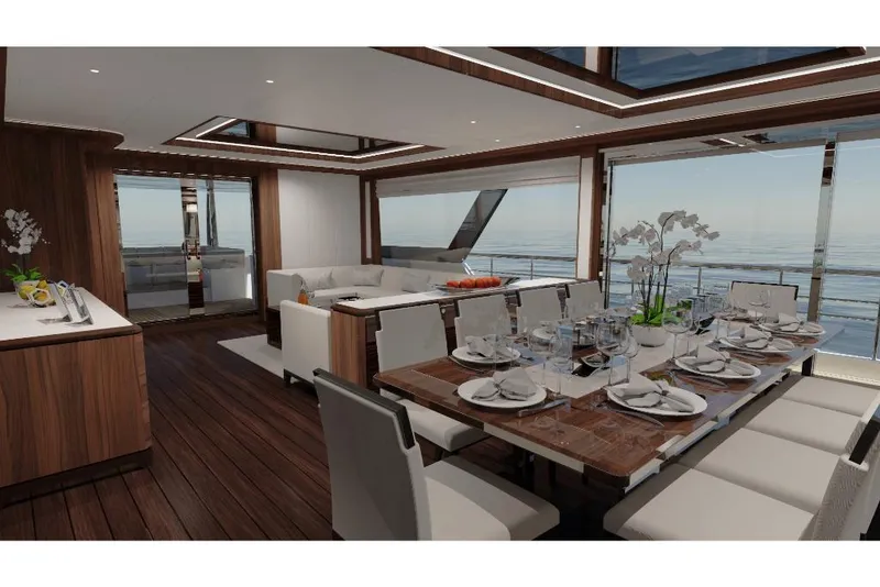 Slide: The Image of Luxurious interior of 2023 Ocean Alexander 32L yacht with dining area and ocean view. - 22