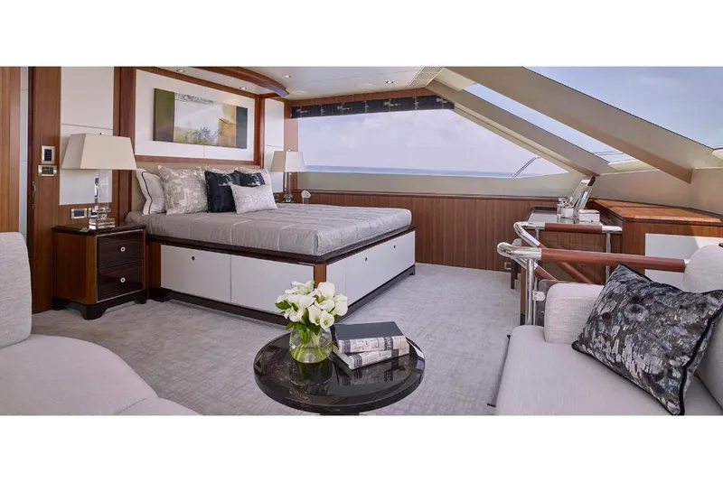 Slide: The Image of Luxurious bedroom interior of 2023 Ocean Alexander 32L yacht with panoramic windows. - 27