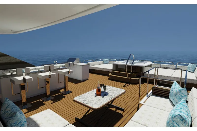 Slide: The Image of Luxurious deck of 2023 Ocean Alexander 32L yacht with seating, bar, and ocean view. - 7