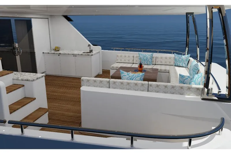 Slide: The Image of Luxurious deck of 2023 Ocean Alexander 32L yacht with seating and ocean view. - 8